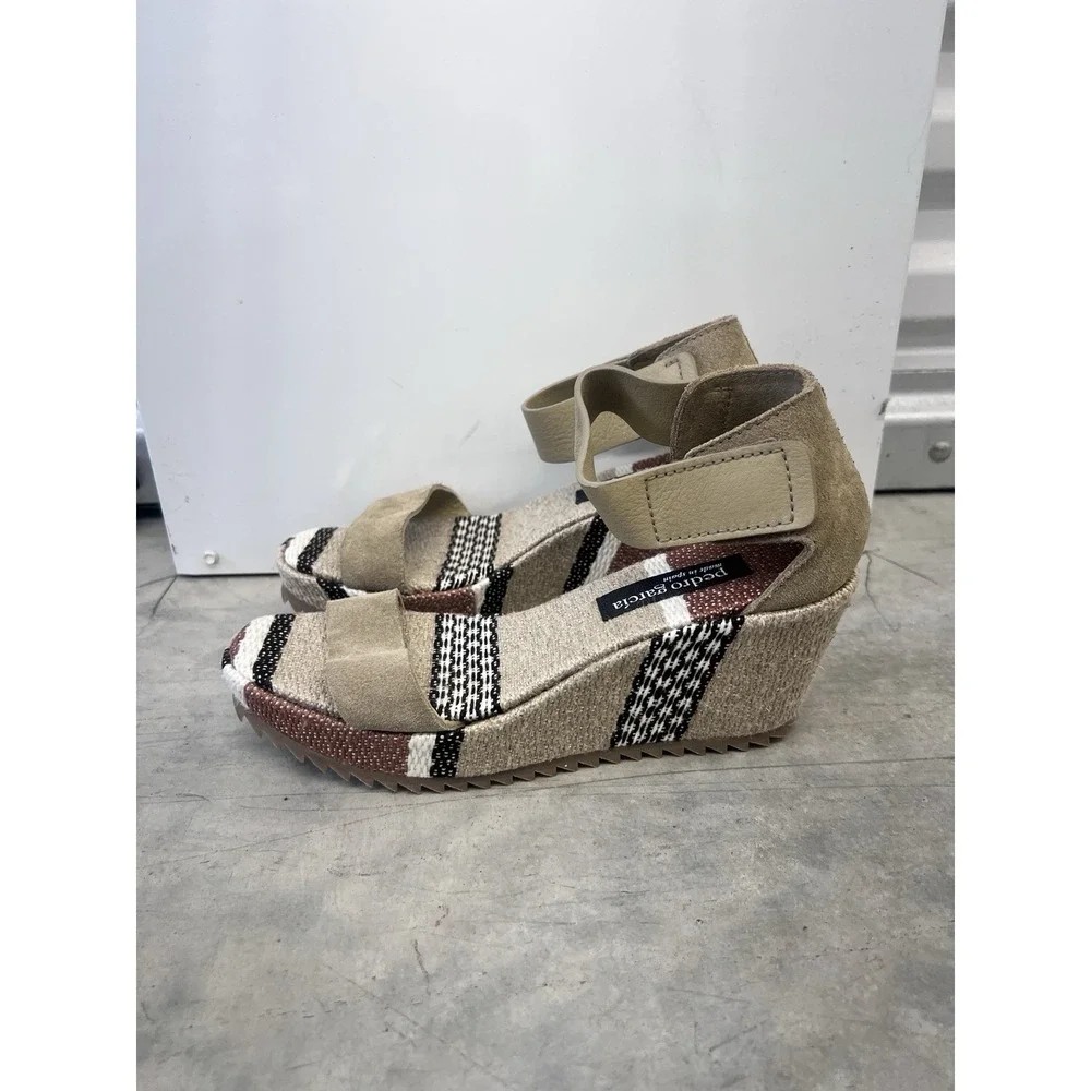 Pedro Garcia Spain Platform Wedge Sandals Beige Suede Ankle Strap Womens Size 38
